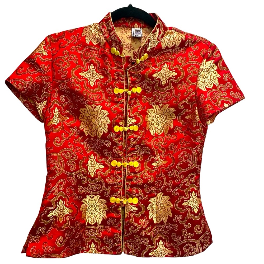 UCK Brocade Chinese Blouse Asian Qipao Cheongsam Top Red & Gold